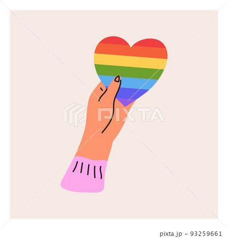 The hand holds the LGBT heart. Pride month, LGBT flag, rainbow. Flat vector illustration 93259661