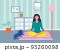 A young woman meditates at home.The concept of daily life, everyday leisure and work activities. Flat cartoon vector illustration. 93260098