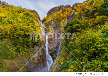 秋の富山　紅葉の称名渓谷　落差日本一の称名滝と幻のハンノキ滝 93262346