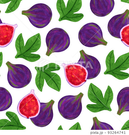 Violet fig fruit watercolor seamless pattern. Exotic ripe purple fig with leaves 93264741