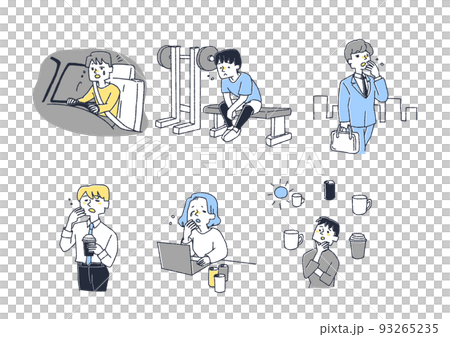 A set of people suspected of lack of sleep due to overdose of caffeineComical handwritten characters A set of people suspected of lack of sleep due to overdose of caffeineComical handwritten characters 93265235