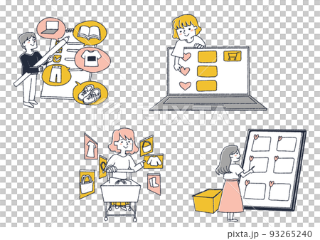 一組在網上商店有收藏列表的人 可笑的手寫字符 一組在網上商店有收藏列表的人 可笑的手寫字符 93265240