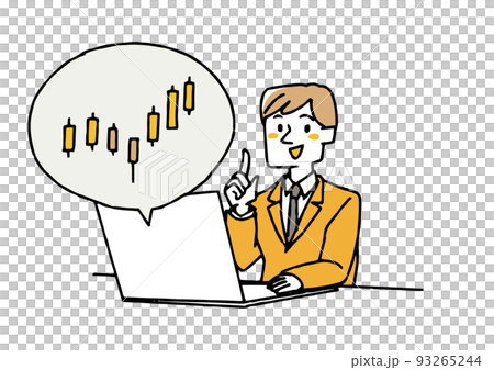 A man checking stock prices on a laptop People analyzing candlestick charts 93265244