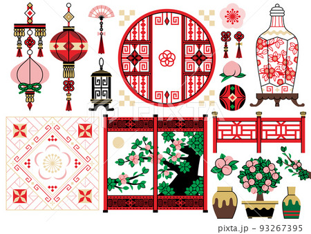 中国風装飾品イラスト中華風デザイン 赤系配色 提灯 行燈 桃 壺 屏風 柵のイラスト素材
