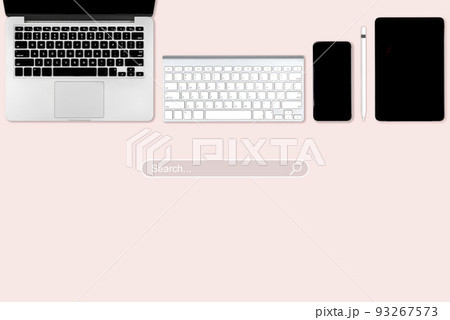 High angle view of a setting table with digital equipment and accessories of business workplace on modern background. 93267573