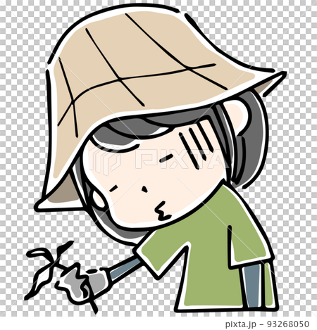 The upper body of a woman who is disappointed with a wilted plant in her work clothes for field work 93268050