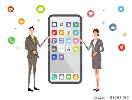 ベクターイラスト素材：スマホを紹介する男女 93268449