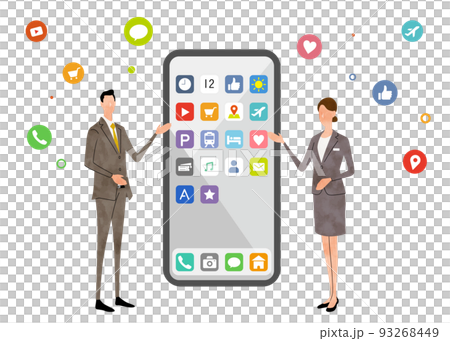 ベクターイラスト素材：スマホを紹介する男女 93268449
