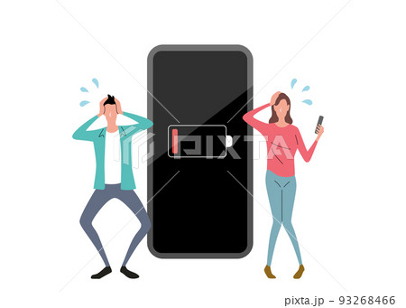 ベクターイラスト素材:スマホのバッテリーが減って困る男性と女性 ベクターイラスト素材:スマホのバッテリーが減って困る男性と女性 93268466