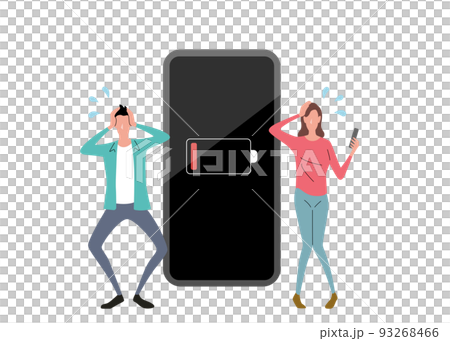 ベクターイラスト素材:スマホのバッテリーが減って困る男性と女性 ベクターイラスト素材:スマホのバッテリーが減って困る男性と女性 93268466