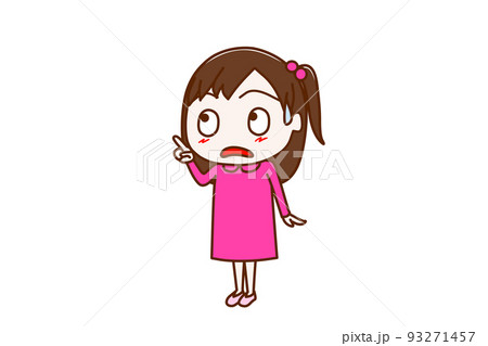 （全身斜め）斜め上の方を指差し汗をかいて驚いた表情をしている少女 93271457