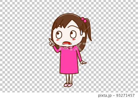 （全身斜め）斜め上の方を指差し汗をかいて驚いた表情をしている少女 93271457