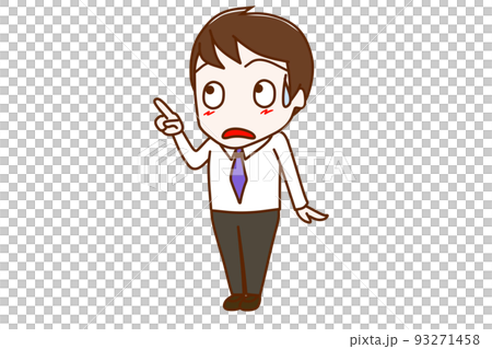 （全身斜め）斜め上の方を指差し汗をかいて驚いた表情をしている男性 93271458