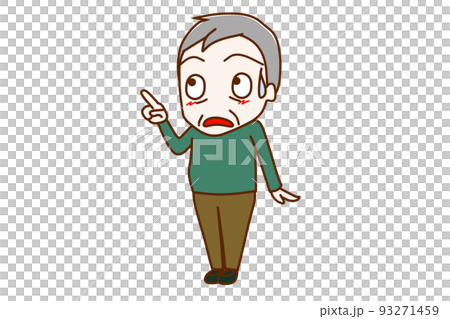 （全身斜め）斜め上の方を指差し汗をかいて驚いた表情をしている高齢の男性 93271459