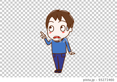 （全身斜め）斜め上の方を指差し汗をかいて驚いた表情をしている少年 93271460