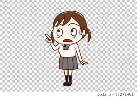 （全身斜め）斜め上の方を指差し汗をかいて驚いた表情をしている女子学生 93271461