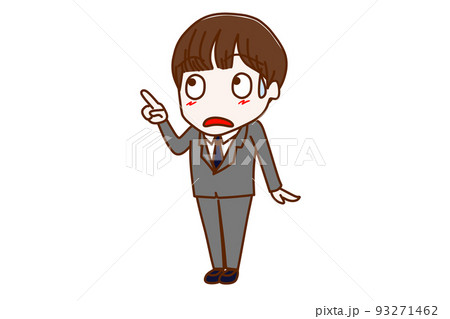 （全身斜め）斜め上の方を指差し汗をかいて驚いた表情をしている男子学生 93271462