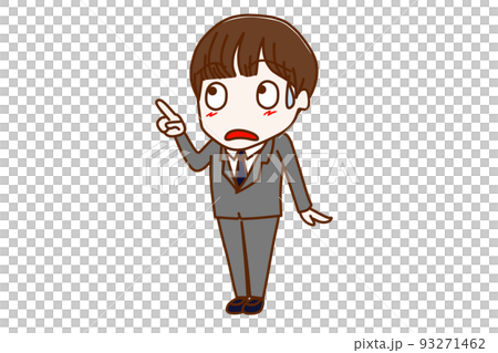 （全身斜め）斜め上の方を指差し汗をかいて驚いた表情をしている男子学生 93271462