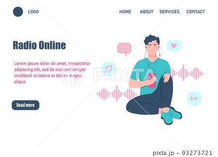 Radio online landing page vector template. A man with headphones is listening to audio. Flat vector illustration Radio online landing page vector template. A man with headphones is listening to audio. Flat vector illustration 93273721