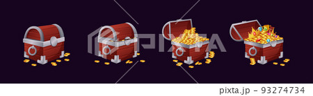 Wood chest. Treasure box. Wooden full trunk. Open or closed pirate coffer with gold heaps. Big lock. Game loot. Precious gems and ancient money coins. Fantasy jewelry container. Vector realistic set 93274734