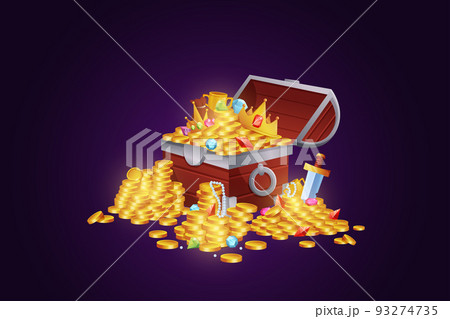 Treasure box. Chest with gold money coins and gems heap. Game loot. Pirate art. Open case. Ancient wood container sign. Fairy crate with golden light. Magic full coffer. Vector illustration background 93274735