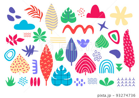 Abstract summer shape doodles, cutout leaves and geometric forms. Nature sticker elements, kids tropical background, colorful childish art for decoration. Vector contemporary minimal illustration 93274736