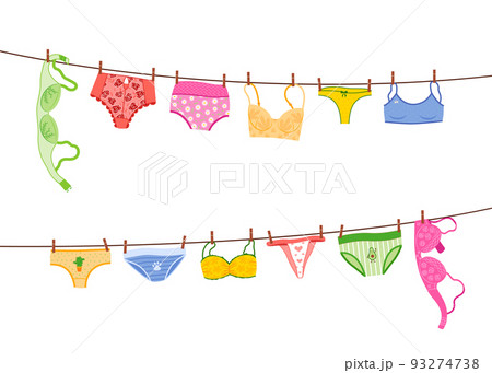 Bra underwear, lingerie and panty. Laundry hanging on rope, line colorful bras, women clothes and underclothes, doodle girl bikini, female clothespin on hanger. Vector cartoon isolated on white set 93274738