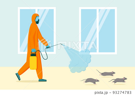 Pest home control. Rodents extermination. People in uniform spray chemical pesticide against rats. Professional mouse poison sanitization by smoke. Deratization service. Vector cartoon illustration 93274783