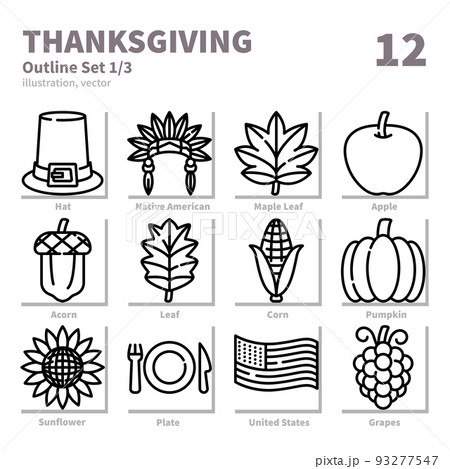 Thanksgiving icons set, Outline, vector and illustration set 1 93277547