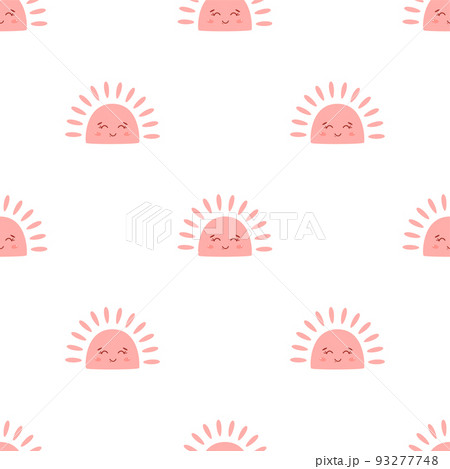 Pink baby girl pattern. Girl pink smiling sun with face background. Pink vector seamless design. Baby sun pattern. Childish sunny illustration. Pink sunset print. Cute baby textile. Geometric shape. Pink baby girl pattern. Girl pink smiling sun with face background. Pink vector seamless design. Baby sun pattern. Childish sunny illustration. Pink sunset print. Cute baby textile. Geometric shape. 93277748