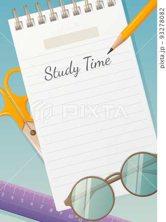 School poster with motivational phrase time to study. Notepad sheet with place for date and text 93278082
