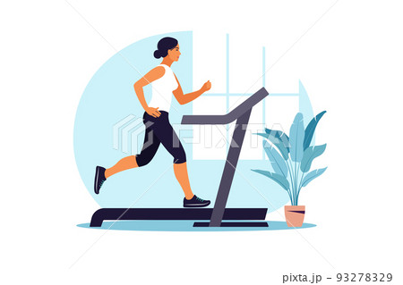 Woman running on a treadmill at home. Healthy lifestyle concept. Sport training. Fitness. Vector illustration. Flat. 93278329