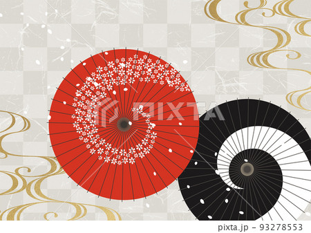 赤と黒の和傘と金の波と桜の花びら和柄 93278553