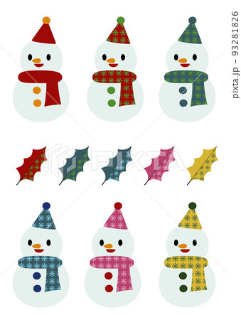 カラフルでかわいい雪だると、パッチワーク風ヒイラギの葉のセット カラフルでかわいい雪だると、パッチワーク風ヒイラギの葉のセット 93281826
