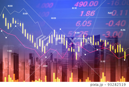 Declining graphs of a stock market crash overlap modernistic city. 93282519