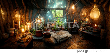 Spectacular interior of a fantasy medieval cottage. Digital art 3D illustration. 93282860