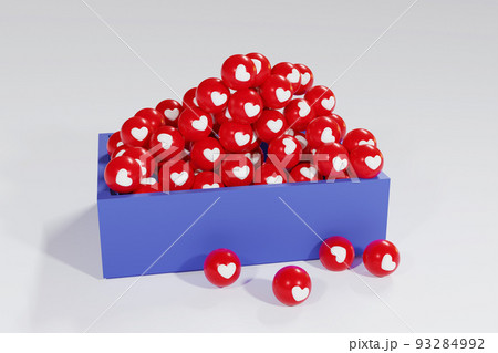 3D Rendering Social Network Love Icons balls in box Isolated on White Background. When you press LOVE button, Design Elements for Web, Internet, App, Promotion, Marketing, Business, Valentine card. 93284992