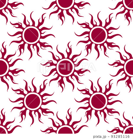 seamless symmetrical graphic pattern of purple suns on white background, texture, design 93285116