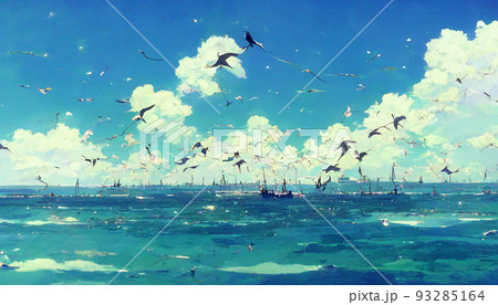 イラスト 絵画 雲 青空 海 夏 鳥のイラスト素材 [93285164] - PIXTA