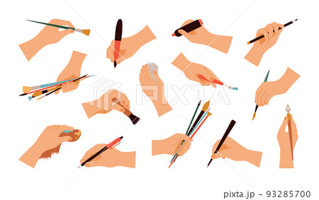 Hands holding stationery. Paint brush and palette. Draw and write. Painter arms set. Artist artwork. Paintbrush and marker in fingers. Pen supplies equipment. Vector doodle illustration Hands holding stationery. Paint brush and palette. Draw and write. Painter arms set. Artist artwork. Paintbrush and marker in fingers. Pen supplies equipment. Vector doodle illustration 93285700