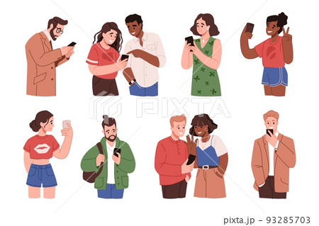 People with mobile phones. Device messenger. Sad man holding smartphone. Happy woman with gadgets. Online app. Angry girl read message. Couple communication. Vector chatting persons set 93285703