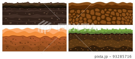 Earth ground layers, dirt soil set. Geology underground lands collection, clay under rock, archeology game backgrounds. Horizontal landscape. Desert and grass field. Vector illustration texture 93285716