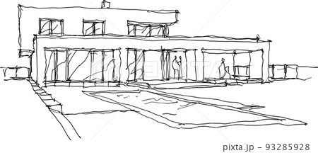 hand drawn architectural sketches of modern one story detached house with garden  and swimming pool 93285928