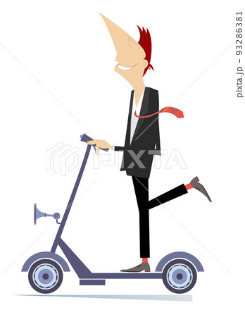 Cheerful man rides on scooter illustration. Smiling young man rides on an ecologically clean urban vehicle isolated on white background 93286381
