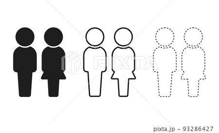 3つのデザインの立っている2人組の男女のアイコン･ピクトグラム - 黒1色･線画･点線のセット 93286427