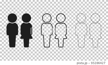 3つのデザインの立っている2人組の男女のアイコン･ピクトグラム - 黒1色･線画･点線のセット 93286427