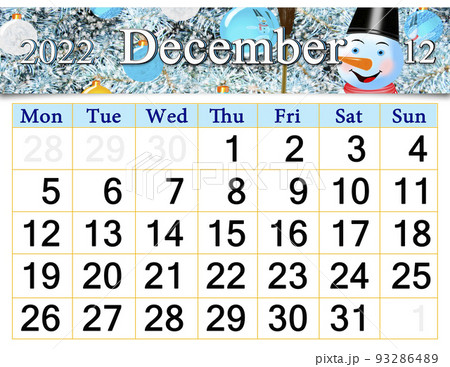 calendar for December 2022 with fairy snowman. Christmas holidays 93286489