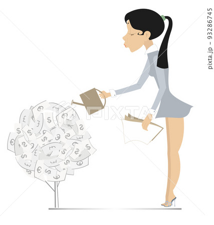 Success in business concept illustration. Businesswoman holds papers and waters a money tree isolated on white background Success in business concept illustration. Businesswoman holds papers and waters a money tree isolated on white background 93286745