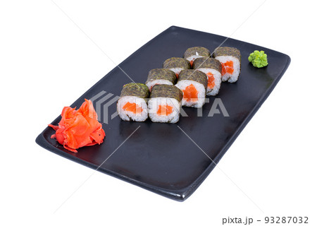 Japanese seafood Sushi roll isolated on white close up. Japanese food restaurant, sushi maki gunkan roll plate or platter set. Maki Sushi rolls with salmon and avocado. Sushi isolated at white Japanese seafood Sushi roll isolated on white close up. Japanese food restaurant, sushi maki gunkan roll plate or platter set. Maki Sushi rolls with salmon and avocado. Sushi isolated at white 93287032