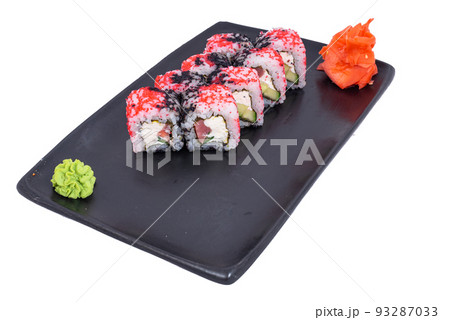 Japanese seafood Sushi roll isolated on white close up. Japanese food restaurant, sushi maki gunkan roll plate or platter set. Maki Sushi rolls with salmon and avocado. Sushi isolated at white Japanese seafood Sushi roll isolated on white close up. Japanese food restaurant, sushi maki gunkan roll plate or platter set. Maki Sushi rolls with salmon and avocado. Sushi isolated at white 93287033